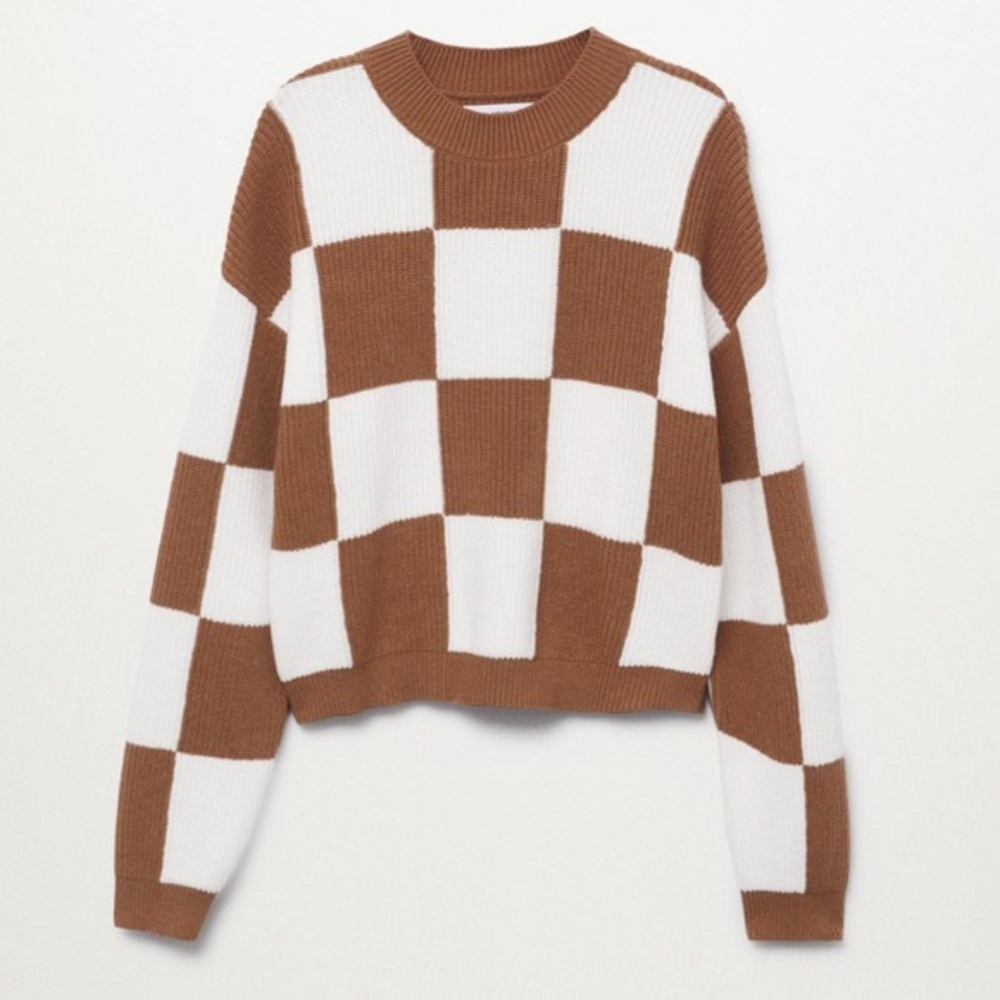 Mango: checkered knitted sweater - brown/white